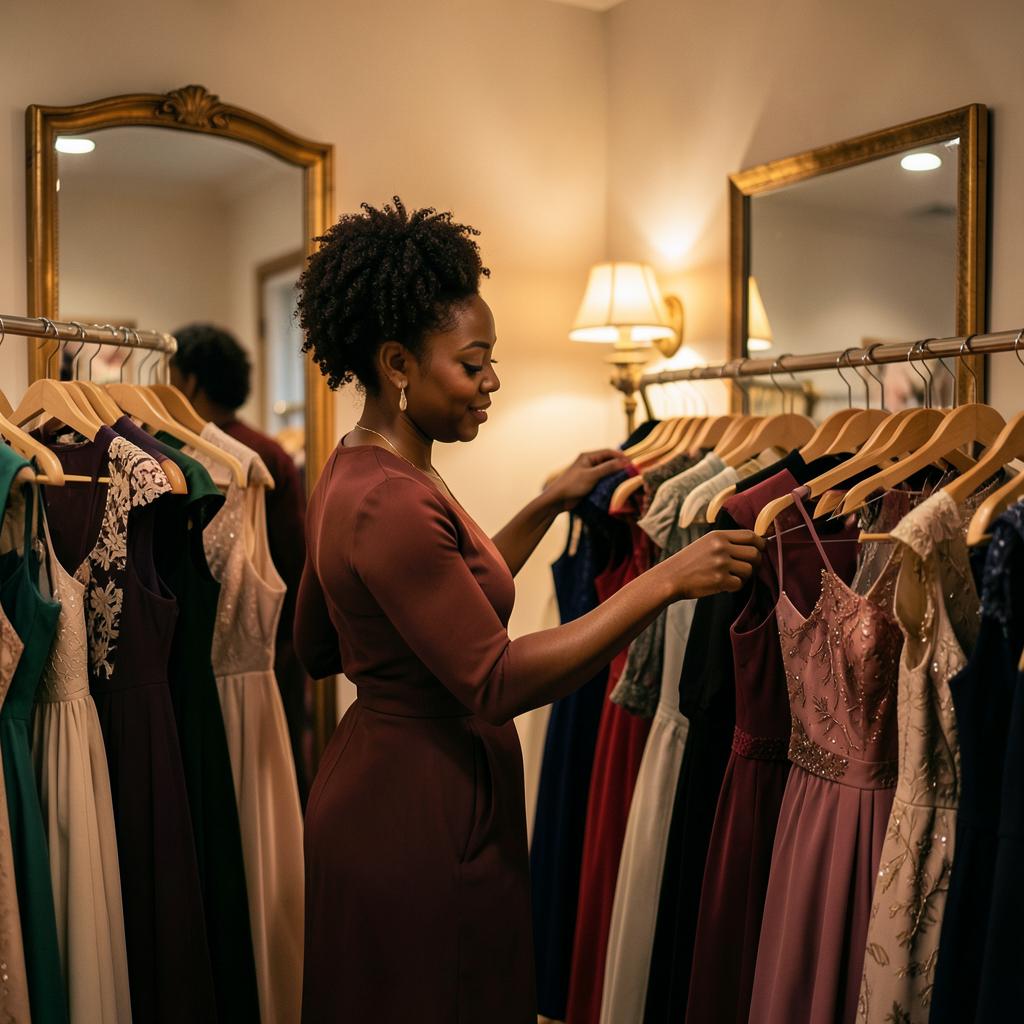 A woman choosing a dress from a clothing rack
