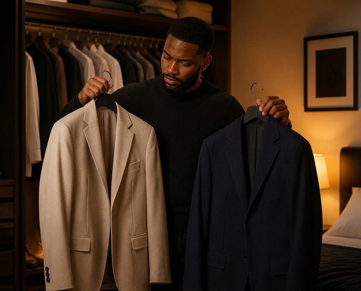 A man choosing a blazer in his wardrobe